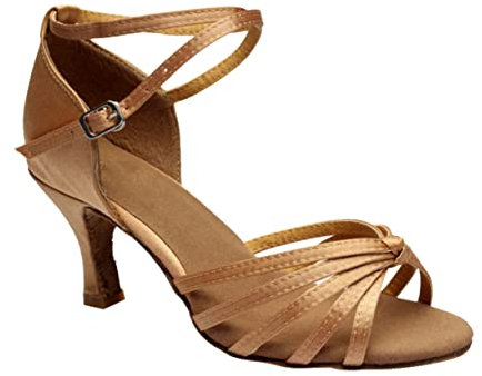 PLAFOPE Women Latin Dance Shoes Satin High Heel Open Toe Party Ballroom Dancing Shoes Size 36 Deep Nude 7cm Heel