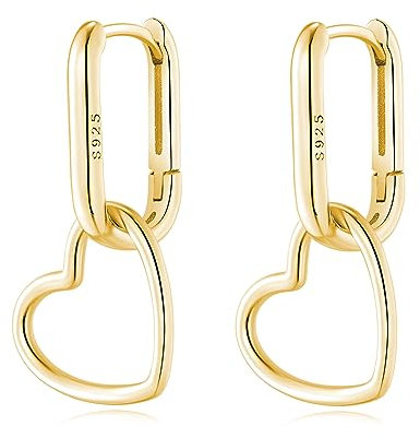 Reffeer Solide 925 Sterling Silber Herz Tropfen Ohrringe Creolen für Frauen Teen Minimalistische U Creolen Link Tropfen Ohrringe (B-Gold Plated)