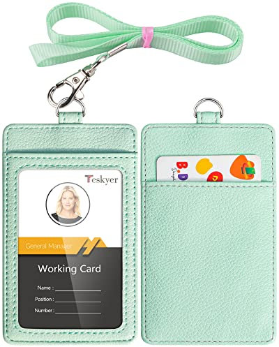 Teskyer Porte Badge, Porte Badge Tour de Cou, 2 Emplacements pour Cartes, en Cuir PU, avec Effacer la Fenêtre Longe en Nylon, Vert Aqua