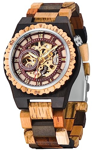 Tiong Mechanische Sportuhr aus Holz, hohles digitales Zifferblatt, Holzarmband mit leuchtenden Zeigern, mechanische Herrenuhr，Geschenke für Männer