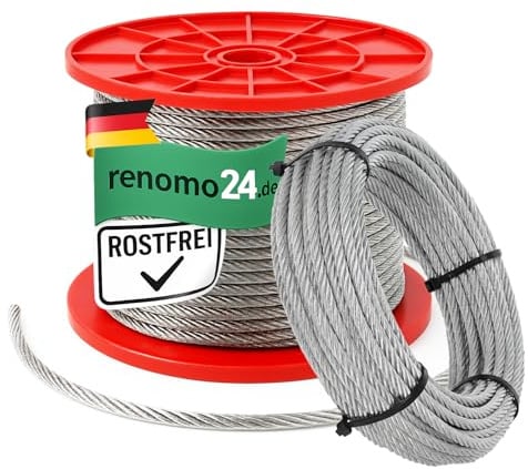 Renomo24 Edelstahl Drahtseil 3mm - Edelstahlseil 100m 7x7 - V4A (AISI 316) rostfrei INOX - Edelstahldraht Stahlseil Seil
