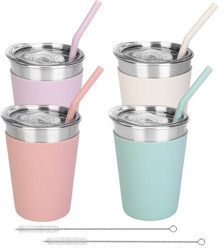 IBEIYO Kinderbecher mit Strohhalmen und Deckel, auslaufsicher, für Kleinkinder, mit bunten Silikonhüllen, Edelstahlbecher für kalte und heiße Getränke für Kinder und Erwachsene, 340 ml, 4 Farben