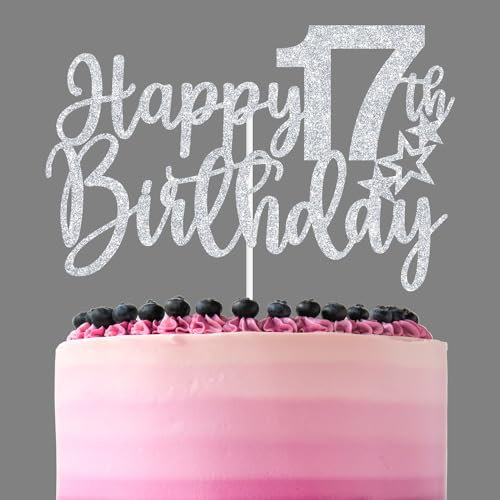 Sliver Glitter Happy 17th Birthday Cake Topper, Cheers to 17 Years/Dancing Queen/Young & Sweet Only 17, Funny 17th Birthday Party Decorations for Teen Boys Girls