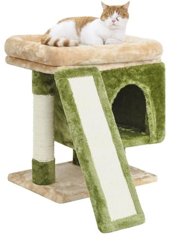 SYANDLVY Árbol pequeño para gatos de interior, torre para gatos con poste rascador, casa de actividades moderna para gatos grandes, condominio con tabla, cueva de gatitos, beige y verde