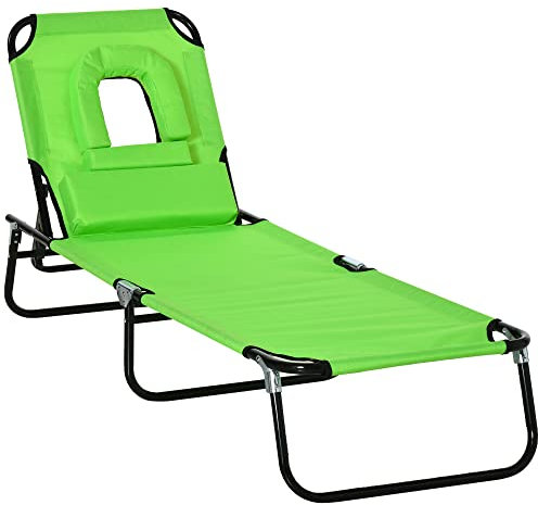 Outsunny Bain de Soleil Chaise Longue Pliante avec appuie-tête, Trou de Lecture, transat inclinable 4 Positions en Oxford 600D, transat Jardin extérieur Camping Piscine terrasse, 190x56x28cm, Vert