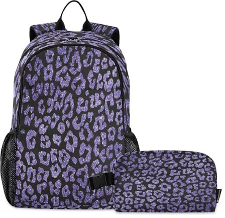 Kcldeci Rucksack mit Lunchbox für Kinder, Jungen, Mädchen, violett, Tierdruck, Glitzer, dunkel, Vorschule, Kindergarten, Büchertaschen-Set für Kleinkinder, Schultasche, mehrfarbig, Einheitsgröße
