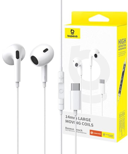 Baseus Type C Auriculares Encok CZ17 Semiin-ear con micrófono USB C con cable para iPhone 15/15 Plus/15 Pro/15 Pro Max Samsung S23/S23 Ultra, Redmi Note 12/12 Pro, Oneplus (blanco)