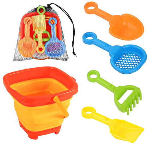 6pcs Beach Toys Set, Collapsible Bucket with 4 Shovels Sand Toys & Mesh Bag Portable Foldable Pail Bucket for Kid Toddler 1-10 Years Old Sandbox Castle Building Kit Beach Activity Accessories(Orange)