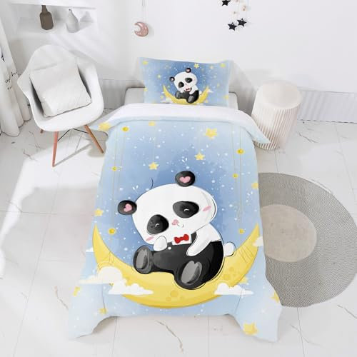 INTOMENG Panda Bettbezug Mädchen Bettwäsche 135x200 Kinderbettwäsche für Kinder Teenager Jungen Bringen Sie Einen 80×80 Kissenbezug 100% Weich Mikrofaser Herbst und Winter Bettwäsche 3D Kawaii Panda