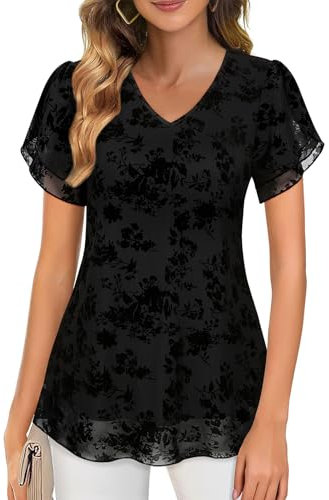 Gemulate Women's Evening Tops Short Sleeve Shirts V Neck Ladies Black Chiffon Tops Double Layers Mesh Tunic Top Casual Shirts Dressy Work Outfits Blouses - Black Jacquard Weave, XL