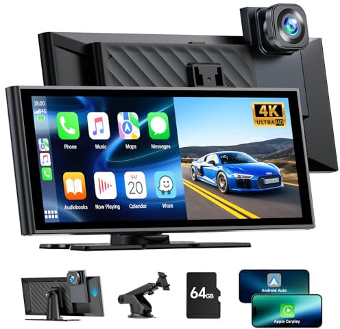 LAMTTO Wireless Car Stereo for Apple Carplay Android Auto with 4K Front Dash Cam,9.26 Inch Portable Car Play with Touchscreen Map Navigation,Car Radio Receiver with Bluetooth,Mirror Link,AUX/FM,64G TF