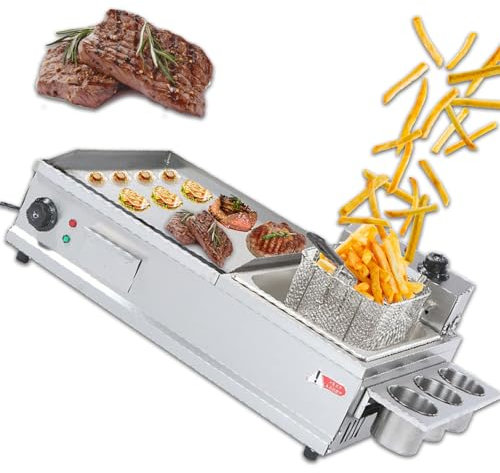 Eastnmythet Plancha eléctrica Comercial con freidora, Parrilla Superior Plana para encimera de 50-300 ℃, freidora y Plancha para palitos de Queso y Perritos Calientes,Small