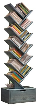 Albero per Libri con Cassetto in Legno,Libreria ad Albero, Libreria Verticale, Moderno Contenitore per Libri, Scaffale per libri Autoportante, Ripiani Organizer per Casa, Ufficio, Soggiorno, Camera da