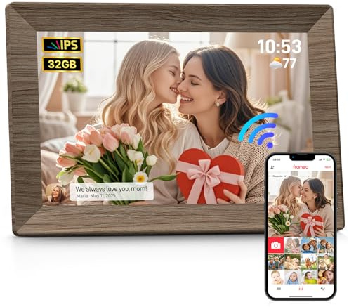 Frameo Digitaler Bilderrahmen, 10,1 Zoll (25,7 cm), graues Holz, intelligenter WLAN-Digitaler Bilderrahmen mit 1280 x 800 HD IPS-Touchscreen, 32 GB Speicher, automatische Drehung, Diashow zur