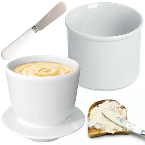 Butterdose Keramik mit Buttermesser, Butterglocke mit Deckel, Französische Butterdose Porzellan, Butter Dose mit Buttermesser Klein, Keramik Butterbox für Frische und Streichfähige Butter (Weiß, M)