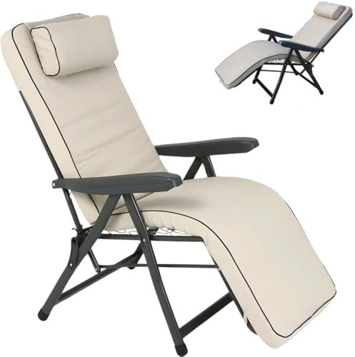 Tomaino - Silla tumbona acolchada para interior y exterior – Sillón reclinable para un perfecto relax – Cómoda y plegable ideal en casa, jardín, terraza (automática, crudo)