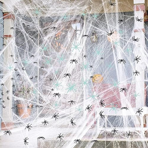 Halloween Deko Spinnennetz, 240g Weiß Dehnbare Spinnenweben Deko mit 40 Horror Schwarz, 75m² Spinnenweben Spray Halloween für Garten Tür Fenster Häuser Spukhaus Party