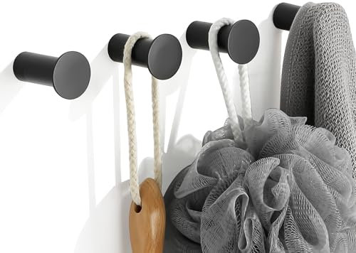 Mooche Ganci appendiabiti rotondi da parete, in acciaio inox, resistenti, per porta, bagno, cucina, confezione da 4 ganci singoli per appendere vestiti, accappatoi, borse, finitura nera opaca, con