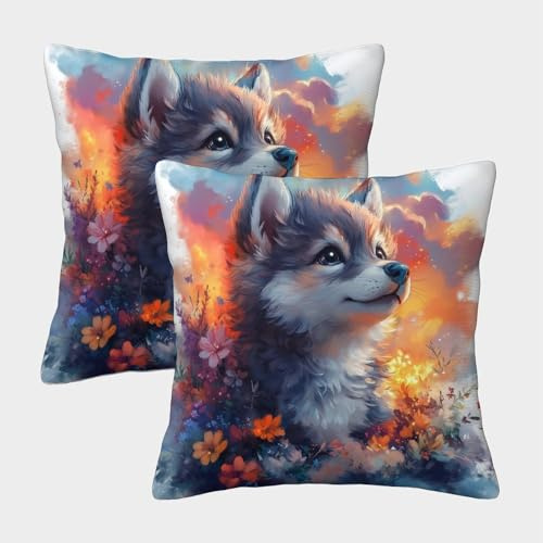 RNDKAUUIE Bemalter Wolf Kissenbezug 2er Set Outdoor Kissen Dekokissen Wolfskopf Kissenbezüge Luxus Decor Super Bequemer Kissenhülle Für Garten Outdoor Sofa Wohnzimmer Zuhause Dekoration 40x40cm