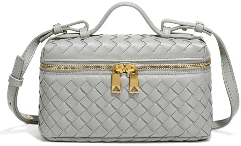 Raiuyow Mini-Umhängetasche, gewebt, quadratisch, mit Tragegriff oben, Handtasche, Umhängetasche, niedlich, trendig, Silbergrau