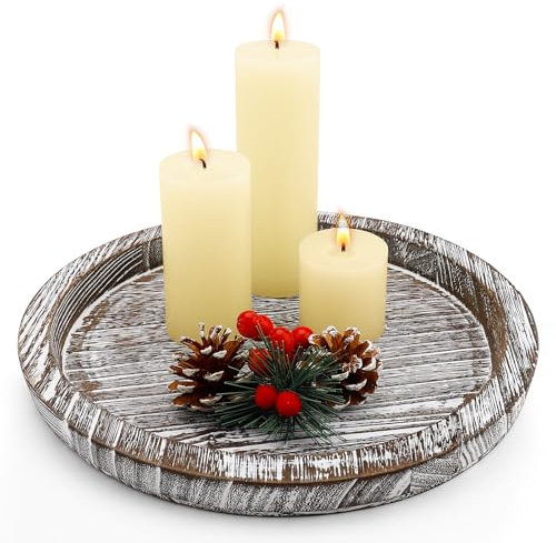 Candle Tray Candle Plate, Wooden Candle Holder Farmhouse Coffee Table Centrepiece Decorative Tray for Home Decor Table Decorations (Washed White)