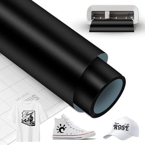 Black Smart Iron On for Cricut Joy Xtra, Smart Heat Transfer Vinyl Rolls 24x200cm Smart Iron on Flex Film Plotter Textiles HTV Works without Cutting Mat for DIY T-Shirts, Hoodie, Fabrics