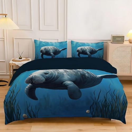 MULERN Bettwäsche 135X200Cm 3Teilig, Afrika Seekühe Bettbezug 3Er Set, Meereslebewesen Microfaser Wende Bettwäsche-Sets Und 2 X Kissenbezug 80X80 cm, Reversibler Bettbezug Mit Reißverschluss