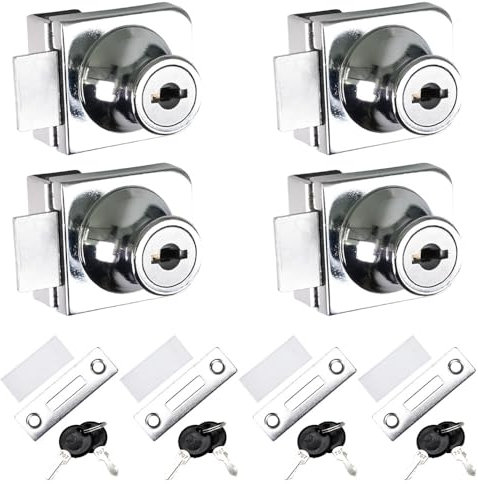 Selyse 4 cerraduras de vitrina para puertas de cristal de 5 a 8 mm, cerradura para vitrina de cristal con llave, sin taladrar, cerradura de seguridad para puertas de cristal y armarios, color plateado