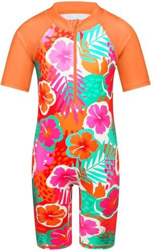 HUAANIUE Filles Maillot de Bain 1 Pièce 2-12 Ans, Anti-UV UPF 50+ Manches Courtes, Fermeture Éclair Frontale, Imprimés Colorés, Idéal pour Plage et Piscine (S234-Fleur Orange, 8-10 Ans)