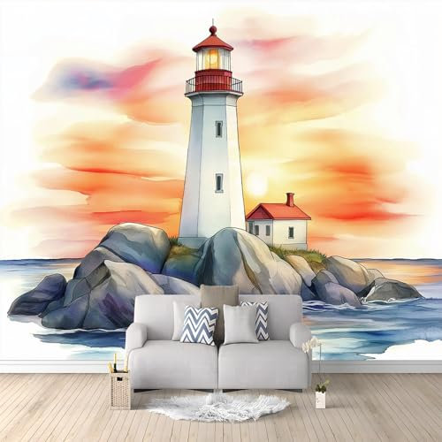 Fototapete Kinderzimmer 3D Effekt Tapete Wandtapete Vliestapete Wandbilder Aquarell Sonnenuntergang Leuchtturm Motivtapeten Wanddeko Tapeten 200 x 140 cm für Wohnzimmer Schlafzimmer Flur, Weiß Orange
