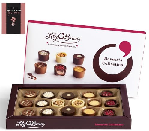 Lily O Brien Chocolate Desserts, 16 Chocolates 210g & Card - Milk, White & Dark Chocolate Gift Selection Box Lily Obriens Chocolates UK - Christmas, Birthday, Valentine, Fathers Day, Mothers Day
