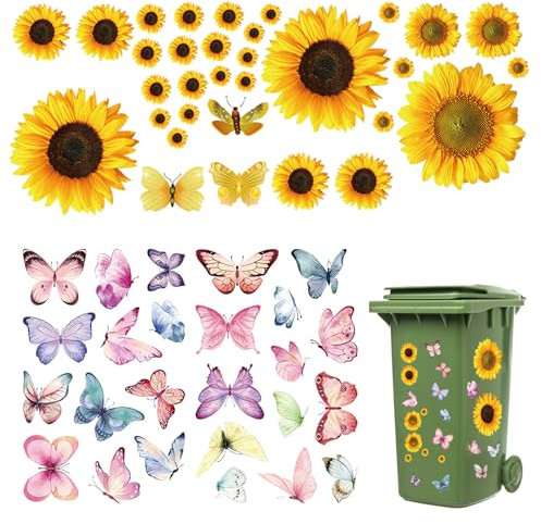 UOCAI Wheelie Bin Sticker Weatherproof Self-Adhesive Sunflowers Decorative Wheelie Bin Sticker Flowers Butterfly Waterproof Sticker Fridge Sticker for Wheelie Bins, Wall, Door