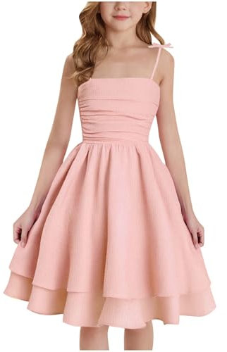 Fille Robe Bustier D'Été Vêtements Solid Chic Robe Élégant A-Ligne Robes sans Manches Vêtement Décontracté Funky Habillement Mi-Longue Hauts Et Ventes Flash Rose, 10-11 Ans
