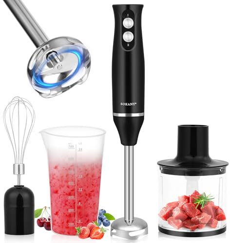 Lustlocke Mixer Immersione 4-In-1, 500 W Frullatore Tritatutto Multifunzione, 2 Velocità, con Frusta e Tritatutto da 500 ml e Misurino da 700 ml per Frullati, Zuppe, Salse, Yogurt, Alimenti Bambini