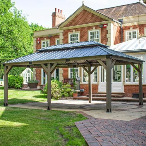 BPS® Grand Wooden Garden Gazebo | Outdoor Hardtop Gazebo Canopy | 2-Tier Steel Roof | Cedar Wood Frame | Outdoor Patio Shelter | Brown & Black (6m x 3.6m)
