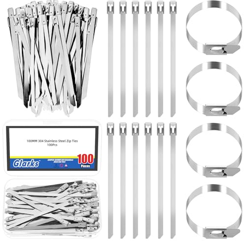 Glarks 100pcs 4.6 x 100mm 304 Stainless Steel Zip Ties Kit, Multi-Purpose Self-Locking Cable Ties, Metal Wire Ties for Machinery, Vehicles, Farms, Pipes, Roofs, Cables, Home, Garden