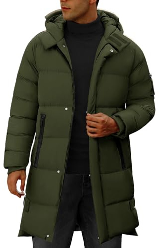 CMTOP Vinterjackor för män varma lätta långa herrrockar vindtät tjock pufferkappa med huva dragkedja parkas jacka ledig utomhus kroppsvärmare bekväma termiska ytterkläder, Armégrönt, XL