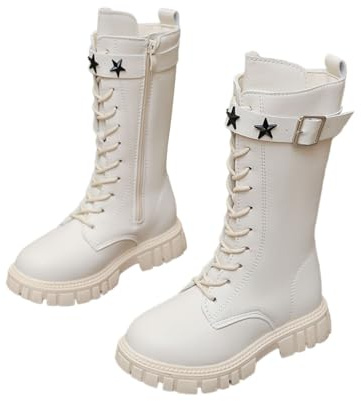 Fulidngzg Stivali Bambine Ragazze Invernali Alti in Pelle 4-12 Anni Suola Spessa con Lacci e Zip Laterale Anfibi Stile Principessa Elegante Comode Stivaletti Equitazione Impermeabili Scarpe Casual
