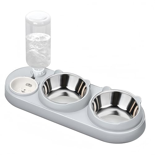 Marchul Gamelle pour chat 3 en 1 - Ensemble de gamelles pour nourriture et eau pour chat avec distributeur d'eau et gamelles en acier inoxydable inclinées à 15° - Trois gamelles pour chat intérieur