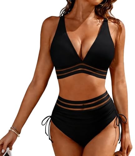 Black Bikini Sets for Women UK, High Waisted Bikini Set Tummy Control Push Up Bikinis 2 Piece Swimsuit