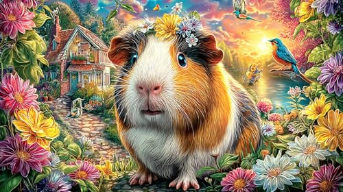 Bunte Meerschweinchen mit Vögeln und Blumen Puzzle 1000 Teile Extrem Schwer Herausforderndes Spiel Recyclingpapier für Erwachsene und Kinder ab 12 Jahren 38x52/1000 Teile