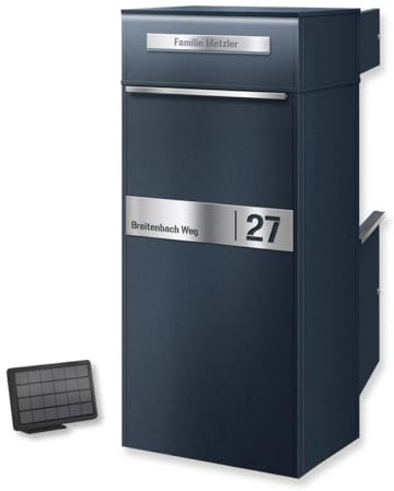 Metzler Paketbox mit LED und 1 Briefkasten | Paket- & Briefkasten | Entnahme hinten | Solar-LED | Standbriefkasten personalisiert mit Gravur, Paketkasten in RAL7016 Anthrazit
