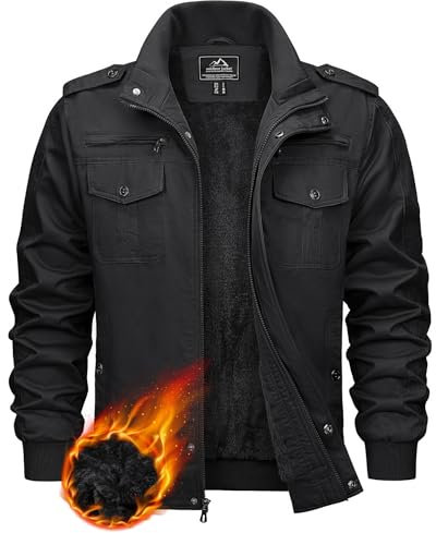 KEFITEVD Übergangsjacke Herren Fleece Gefüttert Winterjacke Army Feldjacke Retro Bomberjacke Winter Männer Jacke Schwarz 2XL