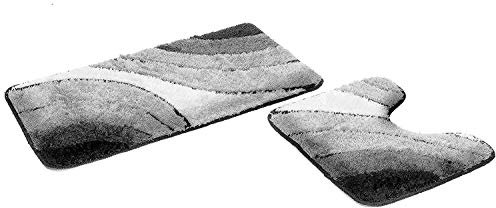 S&S-Shop Badematte Set | Grau | Wave | mit Ausschnitt | 2 teilig | rutschfest | WC-Vorleger 50 x 45 cm | Badvorleger 50 x 90 cm | Badteppich | Teppich | Bad | Badezimmer
