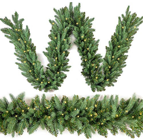 HomeKaren Weihnachtsgirlande, 2,7 m, vorbeleuchtete Girlande mit 50 LED-Lichtern, 550 Spitzen, echt wie üppiger und klassischer grüner Stil für Innen- und Außendekoration