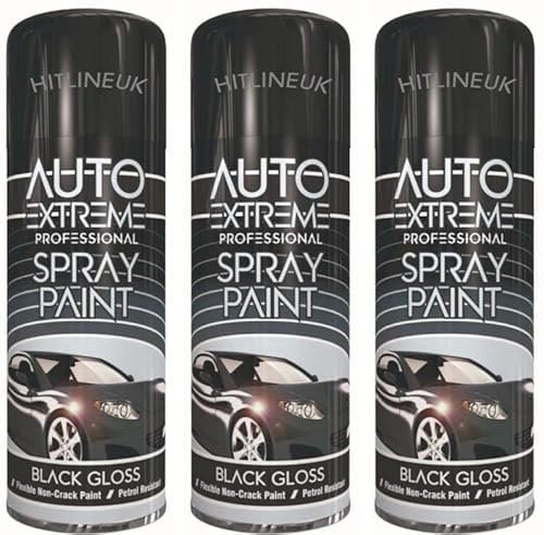 HitlineUK Black Spray Paint, 400ml Gloss Black Spray Paint, Automotive Paint Sprayer, Multipurpose Exterior Black Spray Paint Gloss, Interior Metal Spray Paint (3 Pack)