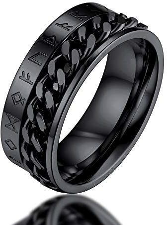 FaithHeart schwarz Panzerkette Fingerring mit Rune Symbol Punk Herren Jungen Spinnerring mit Kette Mittelring zum drehen Partnerring Ehering drehbarer Meditationsring