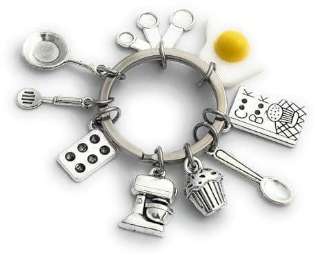 FizzyButton Gifts Chef Keyring Key Ring with Fried Egg, Muffin, Cook Book, Food Mixer, Frying Pan and Three Spoon Charms