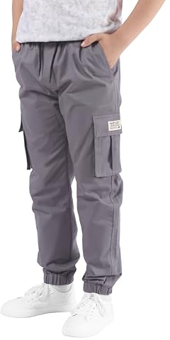NATUST Boys Cargo Trousers Kids Elastic Waist Joggers Multi Pockets Casual Pants Grey 5-6 Years