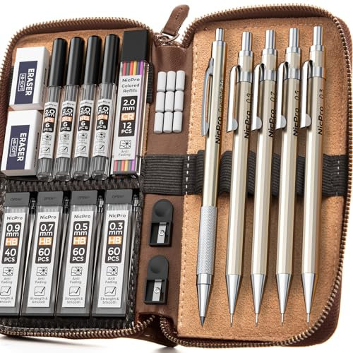Nicpro 5 Pièces Porte-Mines Métal avec étui en Cuir, Criterium 0,3, 0,5, 0,7, 0,9 et 2 mm Recharges de Mine (Noir et Couleurs) avec Gommes,Taille Crayon, pour l'art, le Dessin, l'écriture, l'esquisse